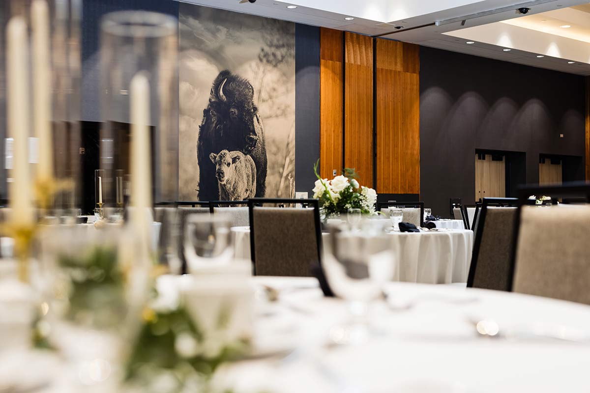 Wedding setup with mural in background